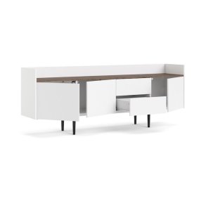 Sknk 195,5 cm bred hvid og walnd skydedre og skuffer.