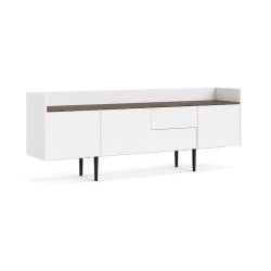 Sknk 195,5 cm bred hvid og walnd skydedre og skuffer.