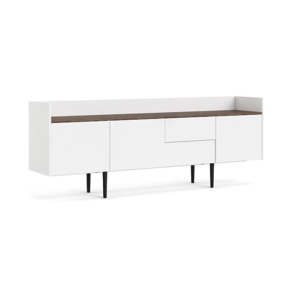 Sknk 195,5 cm bred hvid og walnd skydedre og skuffer.