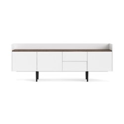 Sknk 195,5 cm bred hvid og walnd skydedre og skuffer.