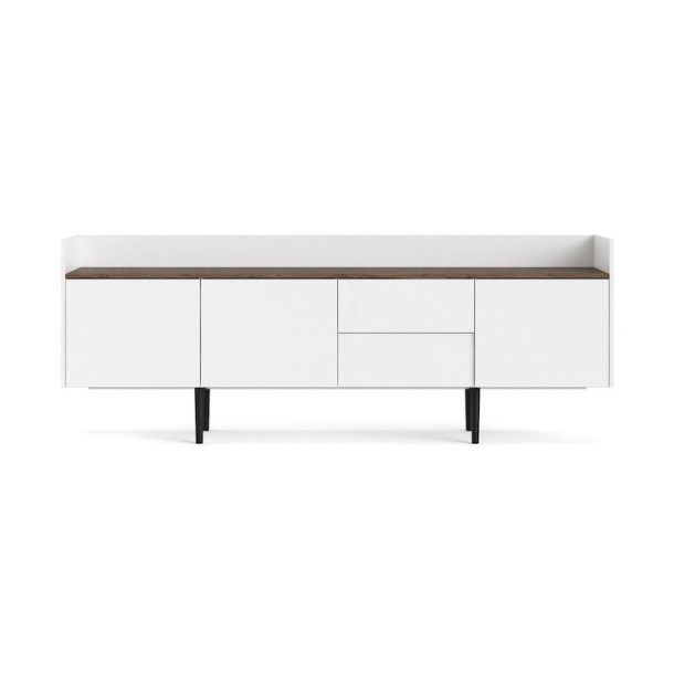 Sknk 195,5 cm bred hvid og walnd skydedre og skuffer.