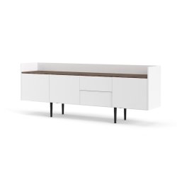 Sknk 195,5 cm bred hvid og walnd skydedre og skuffer.