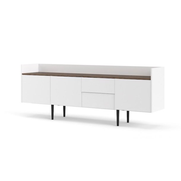 Sknk 195,5 cm bred hvid og walnd skydedre og skuffer.