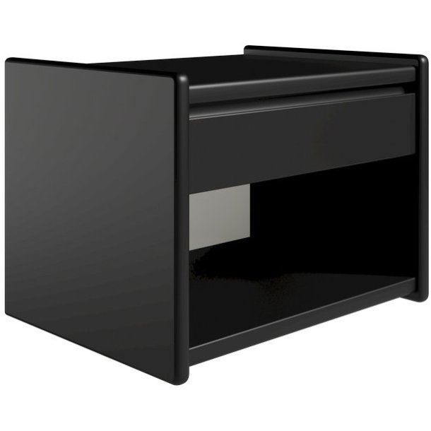 Krone 50 cm bredt sort lakeret sengebord med 1 skuffe og 1 rum  - Dansk produceret.