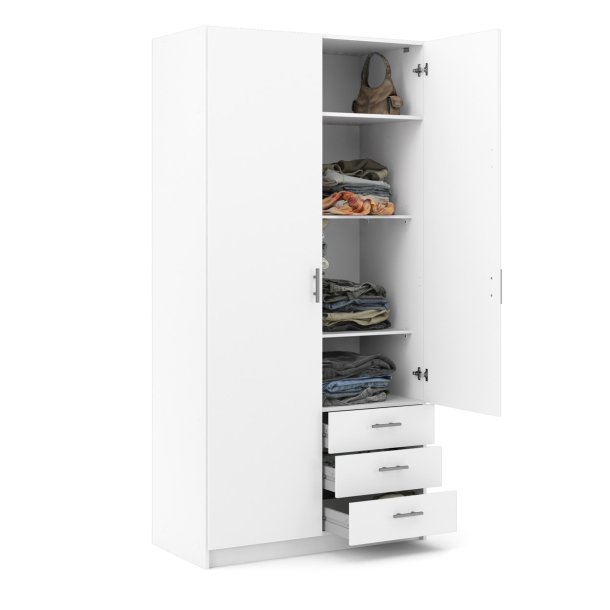 Dana hvidt garderobeskab 98,5 cm bredt med 2 dre og 3 skuffer.