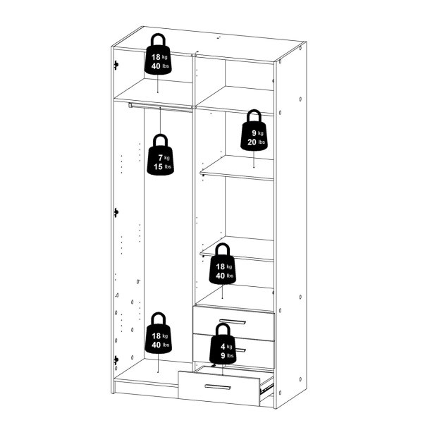 Dana hvidt garderobeskab 98,5 cm bredt med 2 dre og 3 skuffer.