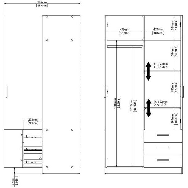 Dana mat gr garderobeskab 98,5 cm bredt med 2 dre og 3 skuffer.