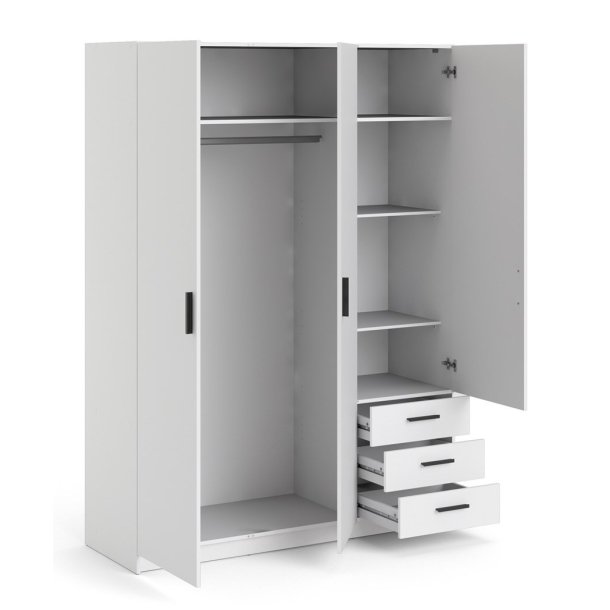  Dana hvidt garderobeskab 147 cm bredt med 3 dre og 3 skuffer.