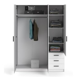  Dana hvidt garderobeskab 147 cm bredt med 3 dre og 3 skuffer.