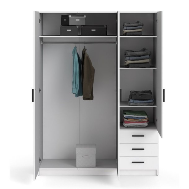  Dana hvidt garderobeskab 147 cm bredt med 3 dre og 3 skuffer.