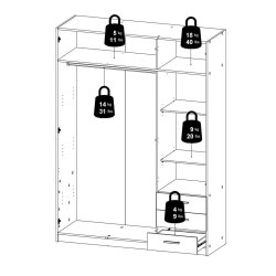 Dana hvidt garderobeskab 147 cm bredt med 3 dre og 3 skuffer.