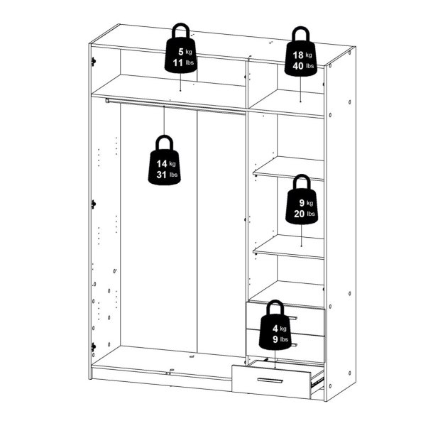  Dana hvidt garderobeskab 147 cm bredt med 3 dre og 3 skuffer.