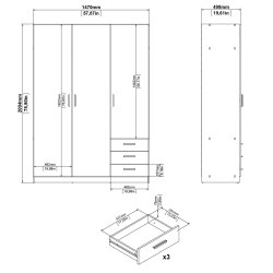  Dana hvidt garderobeskab 147 cm bredt med 3 dre og 3 skuffer.