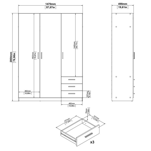  Dana hvidt garderobeskab 147 cm bredt med 3 dre og 3 skuffer.