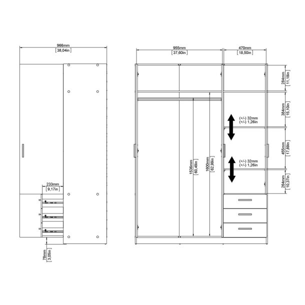  Dana hvidt garderobeskab 147 cm bredt med 3 dre og 3 skuffer.