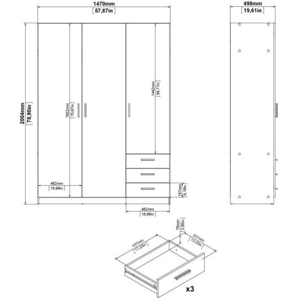 Dana mat gr garderobeskab 147 cm bredt med 3 dre og 3 skuffer.