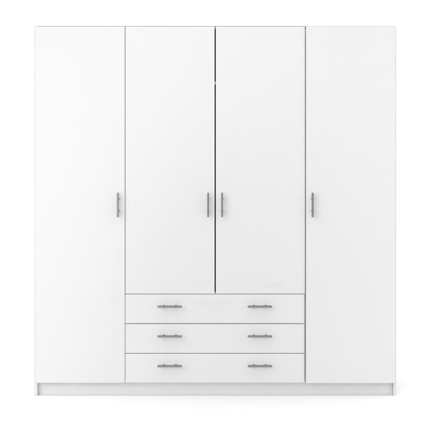 Dana hvidt garderobeskab 195,5 cm bredt med 4 dre, 3 store skuffer og hele 9 hylder.