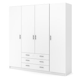 Dana hvidt garderobeskab 195,5 cm bredt med 4 dre, 3 store skuffer og hele 9 hylder.