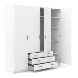 Dana hvidt garderobeskab 195,5 cm bredt med 4 dre, 3 store skuffer og hele 9 hylder.