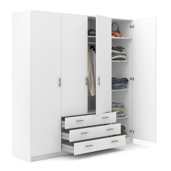 Dana hvidt garderobeskab 195,5 cm bredt med 4 dre, 3 store skuffer og hele 9 hylder.