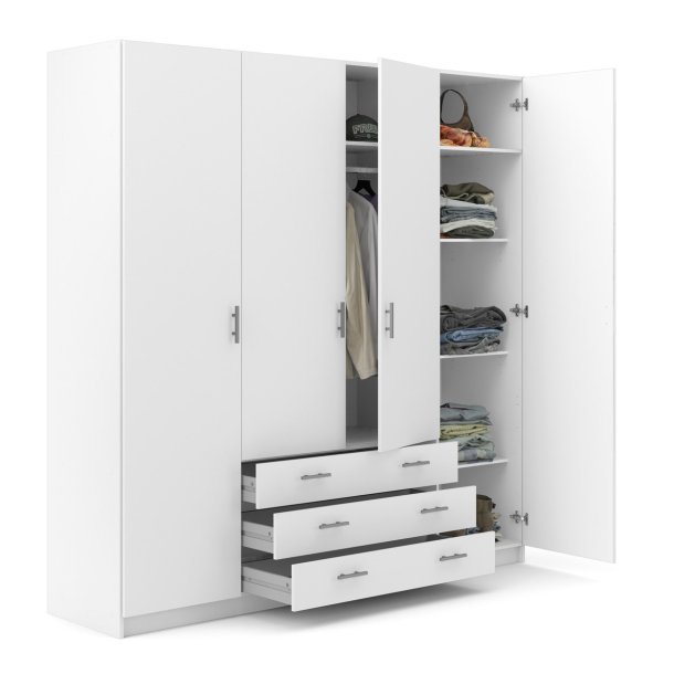 Dana hvidt garderobeskab 195,5 cm bredt med 4 dre, 3 store skuffer og hele 9 hylder.