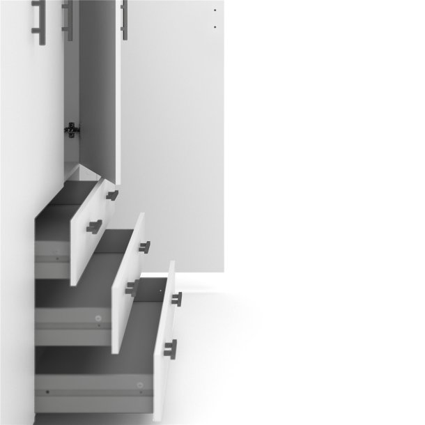 Dana hvidt garderobeskab 195,5 cm bredt med 4 dre, 3 store skuffer og hele 9 hylder.