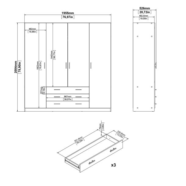 Dana hvidt garderobeskab 195,5 cm bredt med 4 dre, 3 store skuffer og hele 9 hylder.