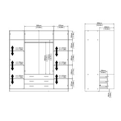 Dana hvidt garderobeskab 195,5 cm bredt med 4 dre, 3 store skuffer og hele 9 hylder.