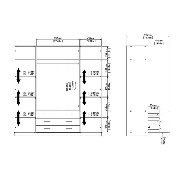 Dana hvidt garderobeskab 195,5 cm bredt med 4 dre, 3 store skuffer og hele 9 hylder.