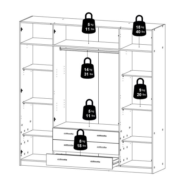 Dana hvidt garderobeskab 195,5 cm bredt med 4 dre, 3 store skuffer og hele 9 hylder.