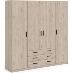 Dana garderobeskab ege look 195,5 cm bredt med 4 dre, 3 store skuffer og hele 9 hylder.