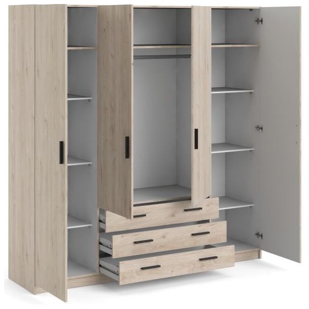 Dana garderobeskab ege look 195,5 cm bredt med 4 dre, 3 store skuffer og hele 9 hylder.