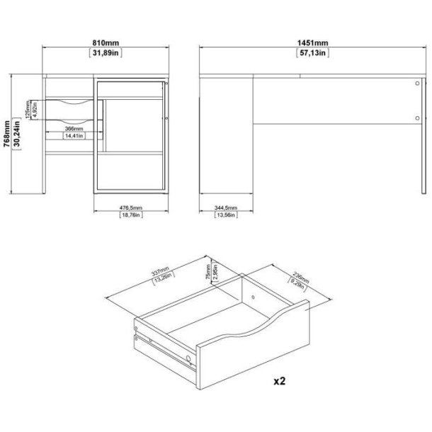 Prestige skrivebord 145 x 81 cm hvid trffel med 2 skuffer.