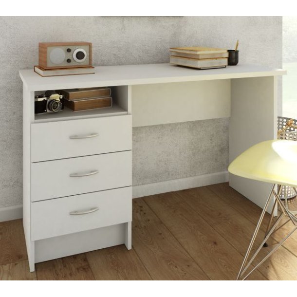 Prestige hvidt skrivebord 120 x 48 cm med 3 skuffer og 1 bent rum.
