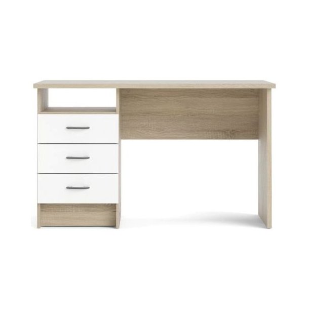 Prestige skrivebord i ege look og hvidt 120 x 48 cm med 3 skuffer og 1 bent rum.