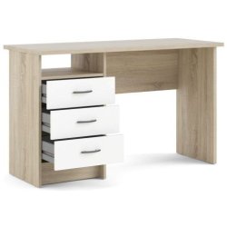 Prestige skrivebord i ege look og hvidt 120 x 48 cm med 3 skuffer og 1 bent rum.