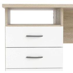 Prestige skrivebord i ege look og hvidt 120 x 48 cm med 3 skuffer og 1 bent rum.