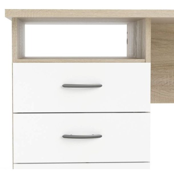 Prestige skrivebord i ege look og hvidt 120 x 48 cm med 3 skuffer og 1 bent rum.