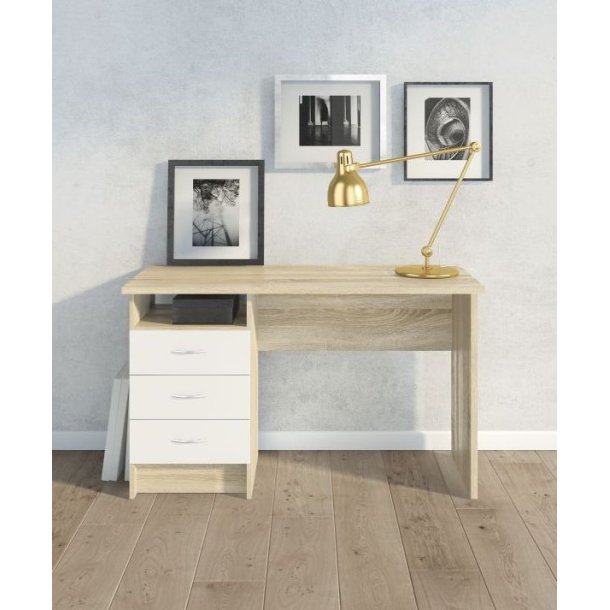 Prestige skrivebord i ege look og hvidt 120 x 48 cm med 3 skuffer og 1 bent rum.