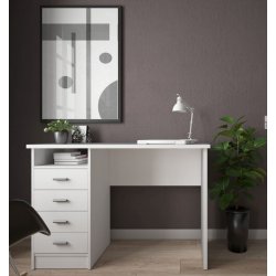 Prestige hvidt skrivebord 110 x 48 cm med 4 skuffer og 1 bent rum.