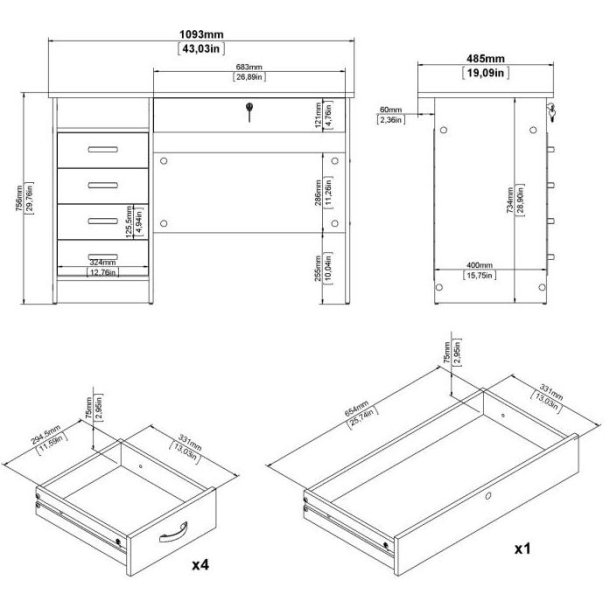 Prestige hvidt skrivebord 109 x 48 cm med 5 skuffer.