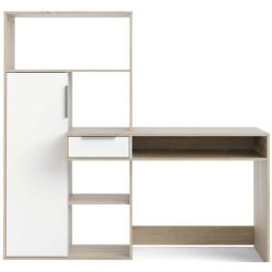 Prestige skrivebord sammenbygget med opbevaringsreol i hvid og ege struktur.