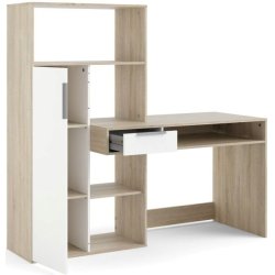 Prestige skrivebord sammenbygget med opbevaringsreol i hvid og ege struktur.