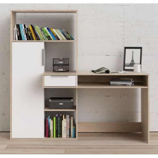 Prestige skrivebord sammenbygget med opbevaringsreol i hvid og ege struktur.