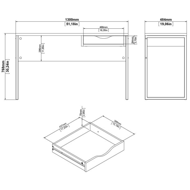 Prestige sort skrivebord 130 x 48 cm med 1 skuffe og metalstel.