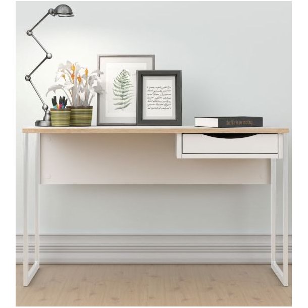 Prestige mat hvidt skrivebord 130 x 48 cm med 1 skuffe og metalstel.