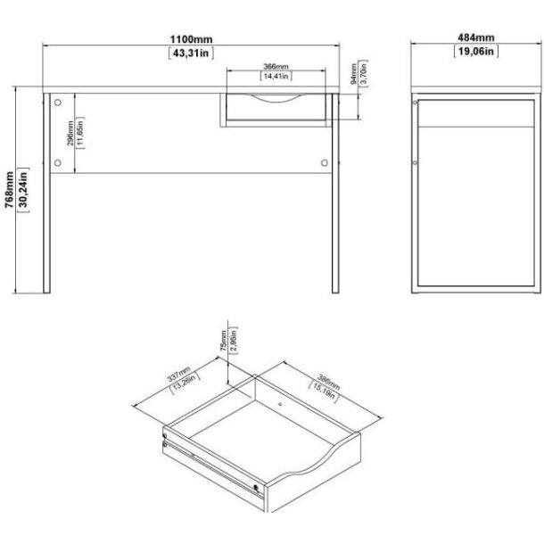 Prestige sort skrivebord 110 x 48 cm med 1 skuffe og metalstel.