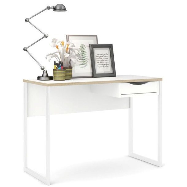 Prestige mat hvidt skrivebord 110 x 48 cm med 1 skuffe og metalstel.