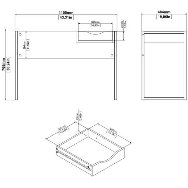 Prestige mat hvidt skrivebord 110 x 48 cm med 1 skuffe og metalstel.