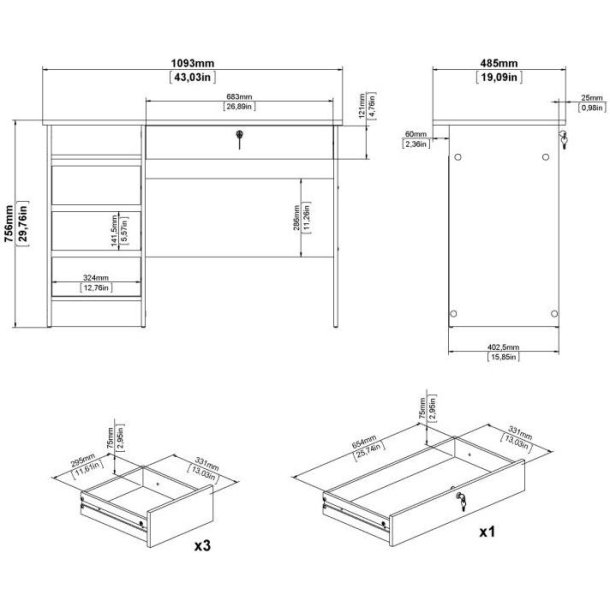 Prestige mat sort skrivebord 110 x 49 cm med 4 skuffer.